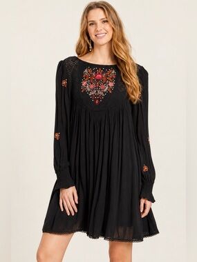 Free People Embroidered Boho Babydoll Dress Black Orange Long Sleeve Large